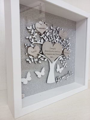 Albero della Vita bianco  in Cornice con sfondo glitterato, Personalizzabile Con frase centrale